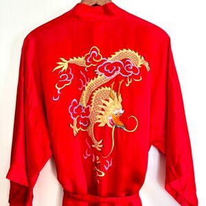 Vintage Long 100% Pure Silk Robe Red Embroidered Dragon / Made in China
